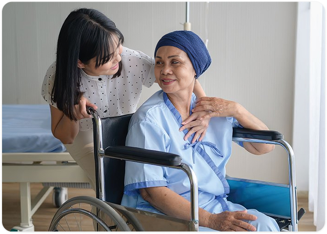 Healthcare professional assisting senior woman